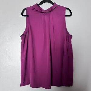 Fervour Women’s Sleeveless Blouse 1X Magenta Satin High Neck Pleated Top